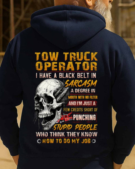 Black Belt In Sarcasm Tow Truck Apparel - Skull Humor Hoodie